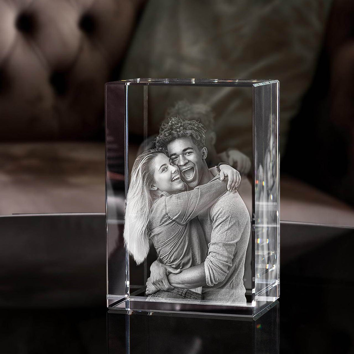 Souvenir en cristal 2D/3D — photo personnalisée, socle en bois lumineux