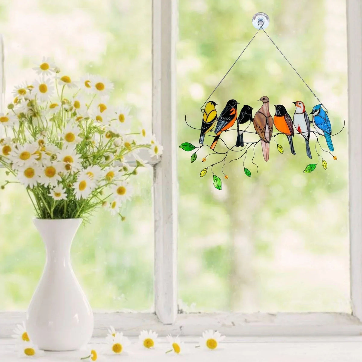 Solglassfanger med 7 fugler i flere farger, 20.5 × 10.5 cm, stil som farget glass