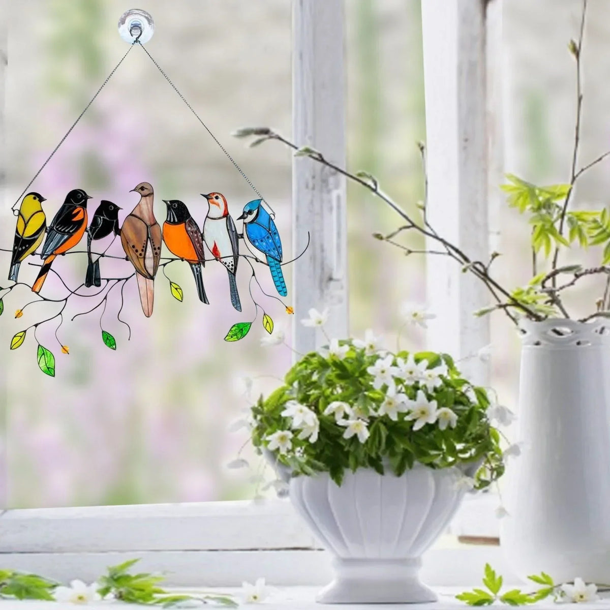 Solglassfanger med 7 fugler i flere farger, 20.5 × 10.5 cm, stil som farget glass