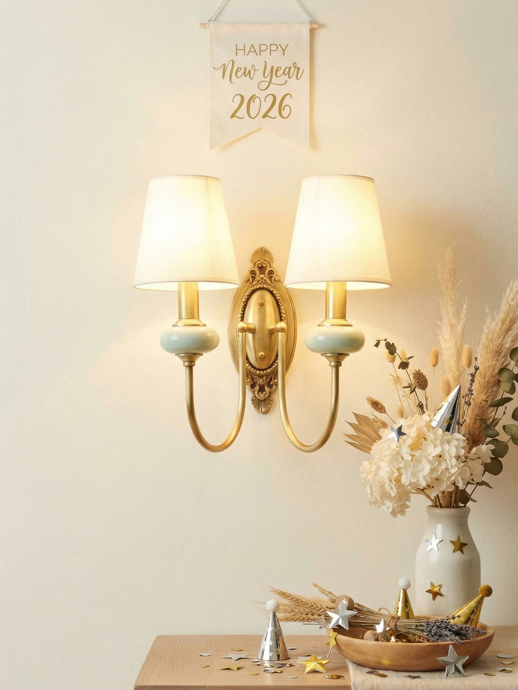 Keramische wandlamp met stoffen kap, 1 of 2 E27-lampen