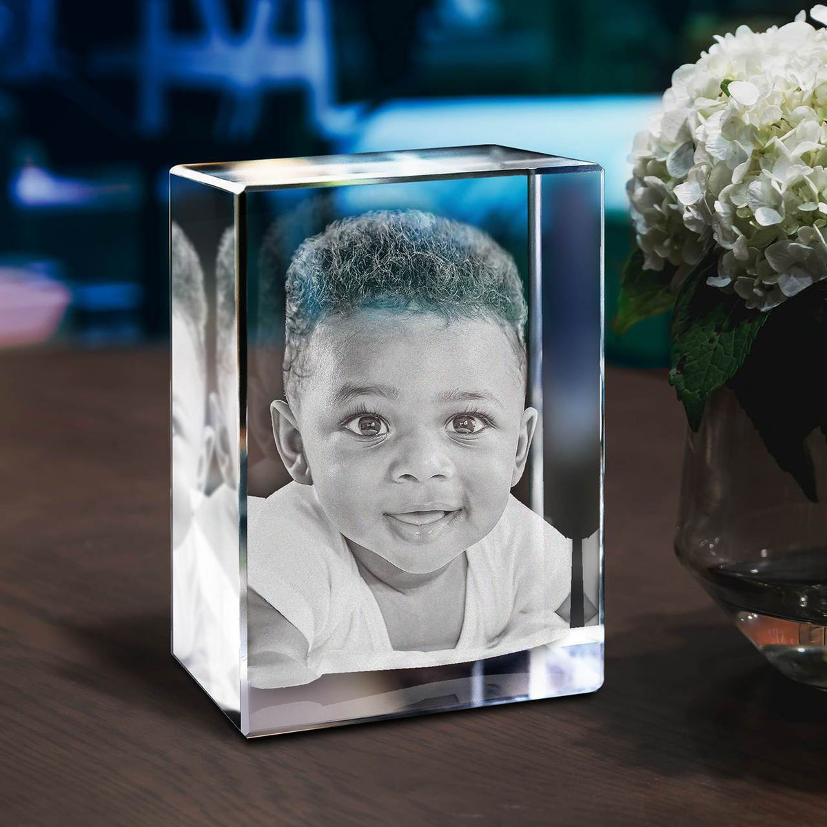 Souvenir en cristal 2D/3D — photo personnalisée, socle en bois lumineux