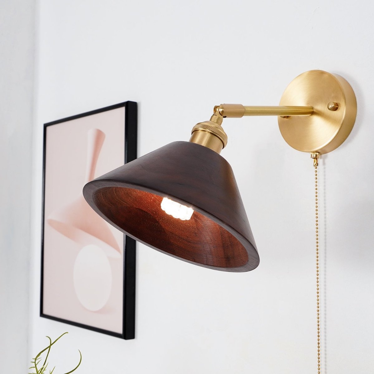 1-Light Brass Wall Sconce — Wooden Dome Shade