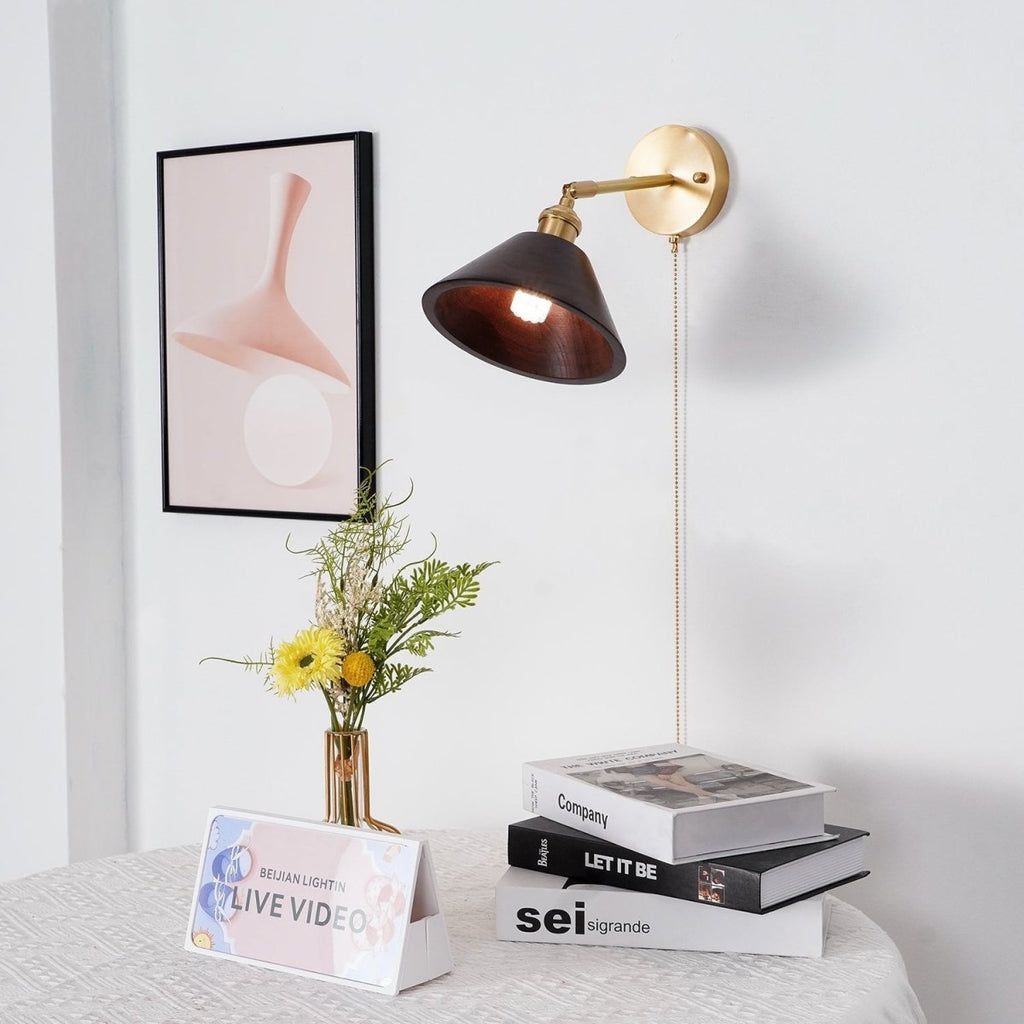 1-Light Brass Wall Sconce — Wooden Dome Shade