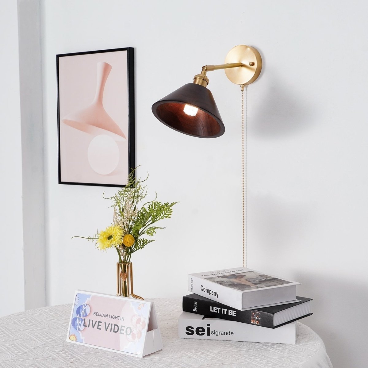 1-Light Brass Wall Sconce — Wooden Dome Shade