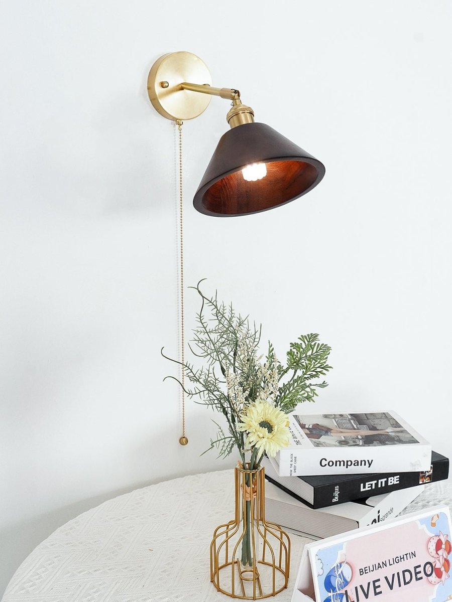 1-Light Brass Wall Sconce — Wooden Dome Shade
