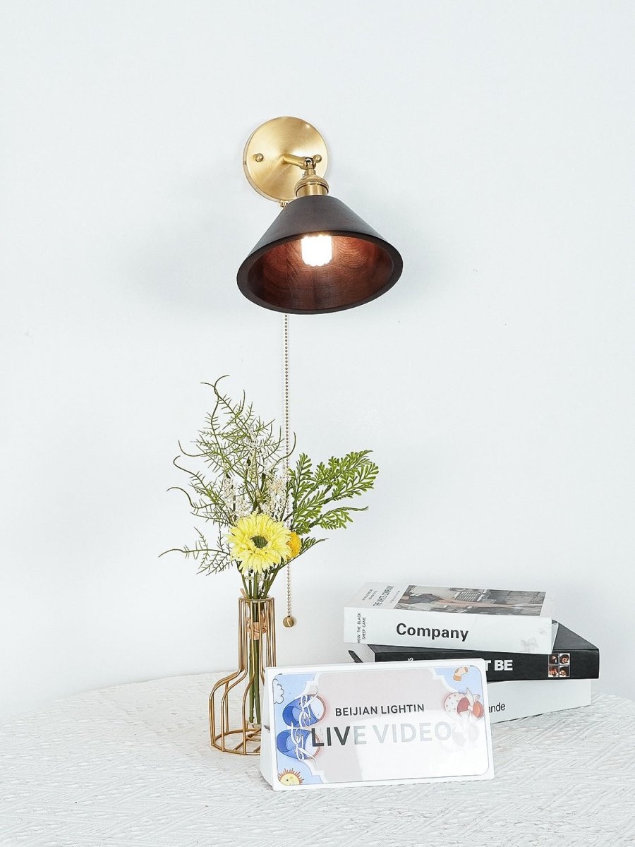 1-Light Brass Wall Sconce — Wooden Dome Shade