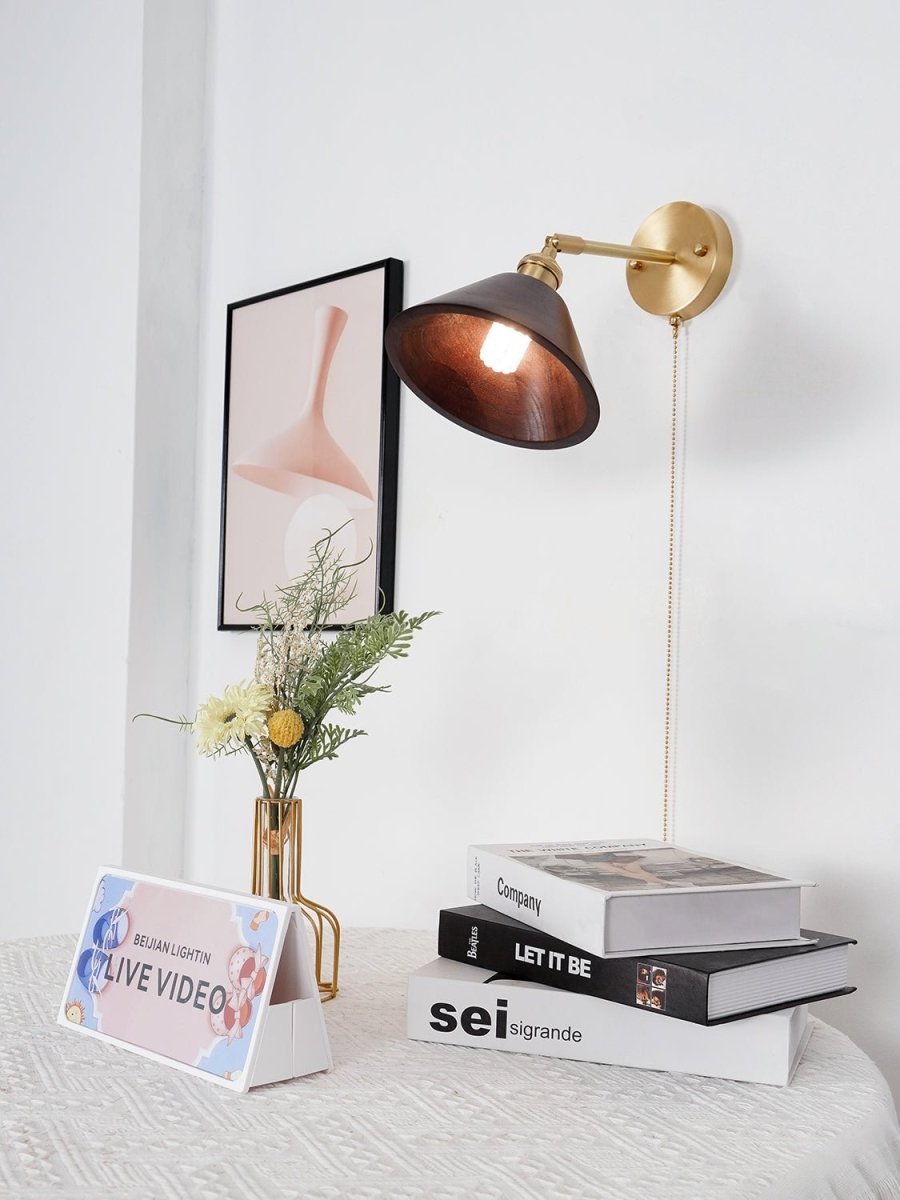 1-Light Brass Wall Sconce — Wooden Dome Shade