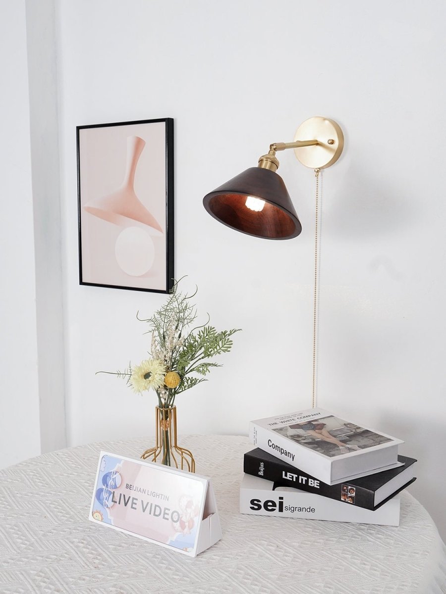 1-Light Brass Wall Sconce — Wooden Dome Shade