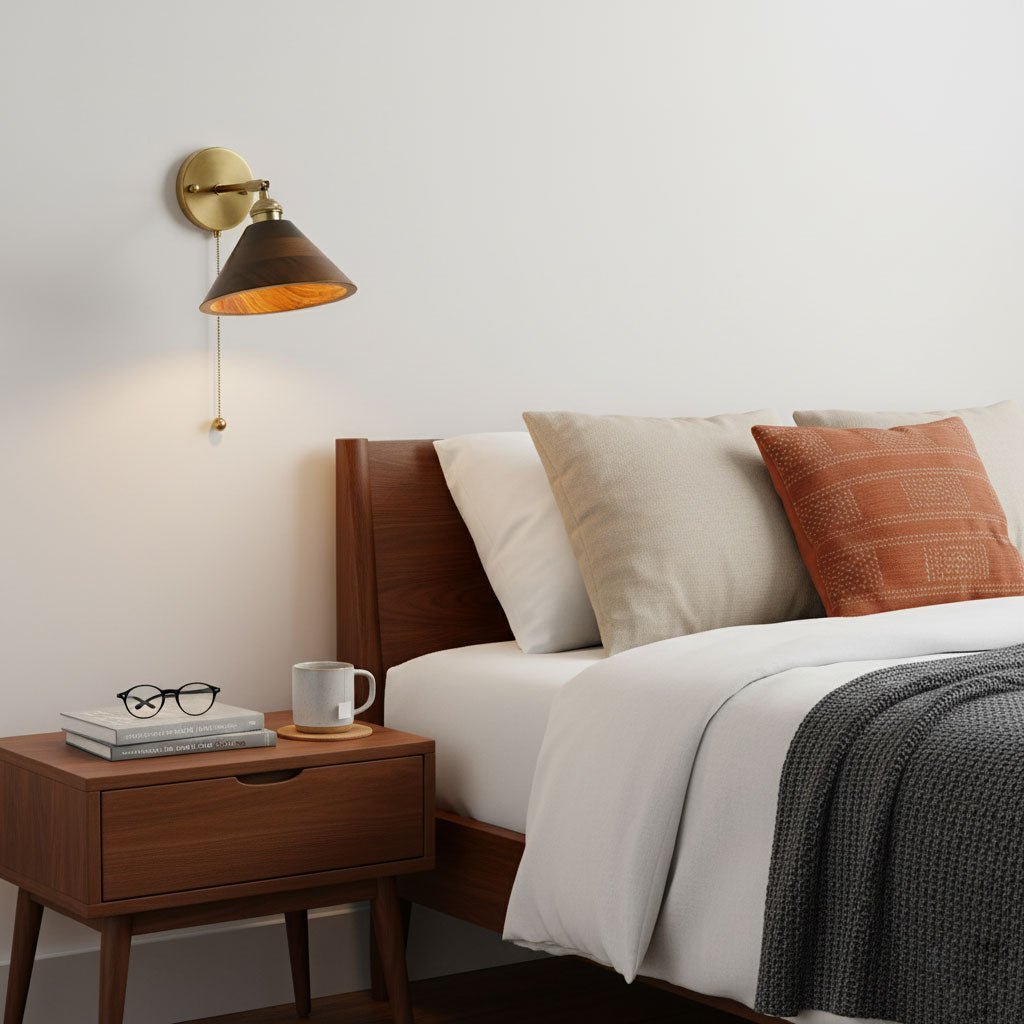 1-Light Brass Wall Sconce — Wooden Dome Shade