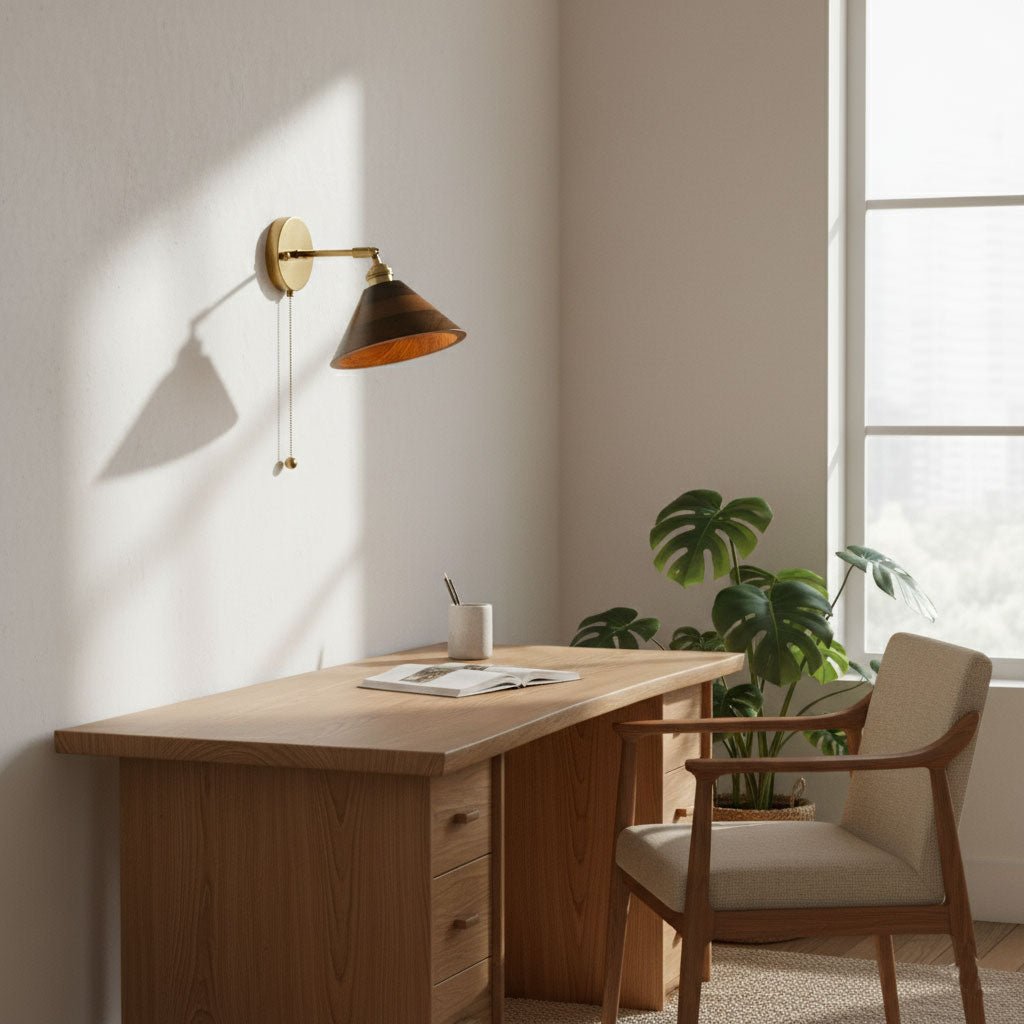 1-Light Brass Wall Sconce — Wooden Dome Shade