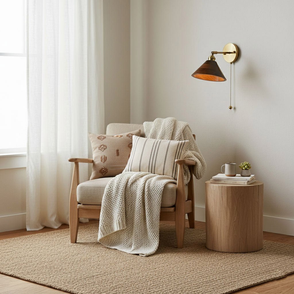 1-Light Brass Wall Sconce — Wooden Dome Shade