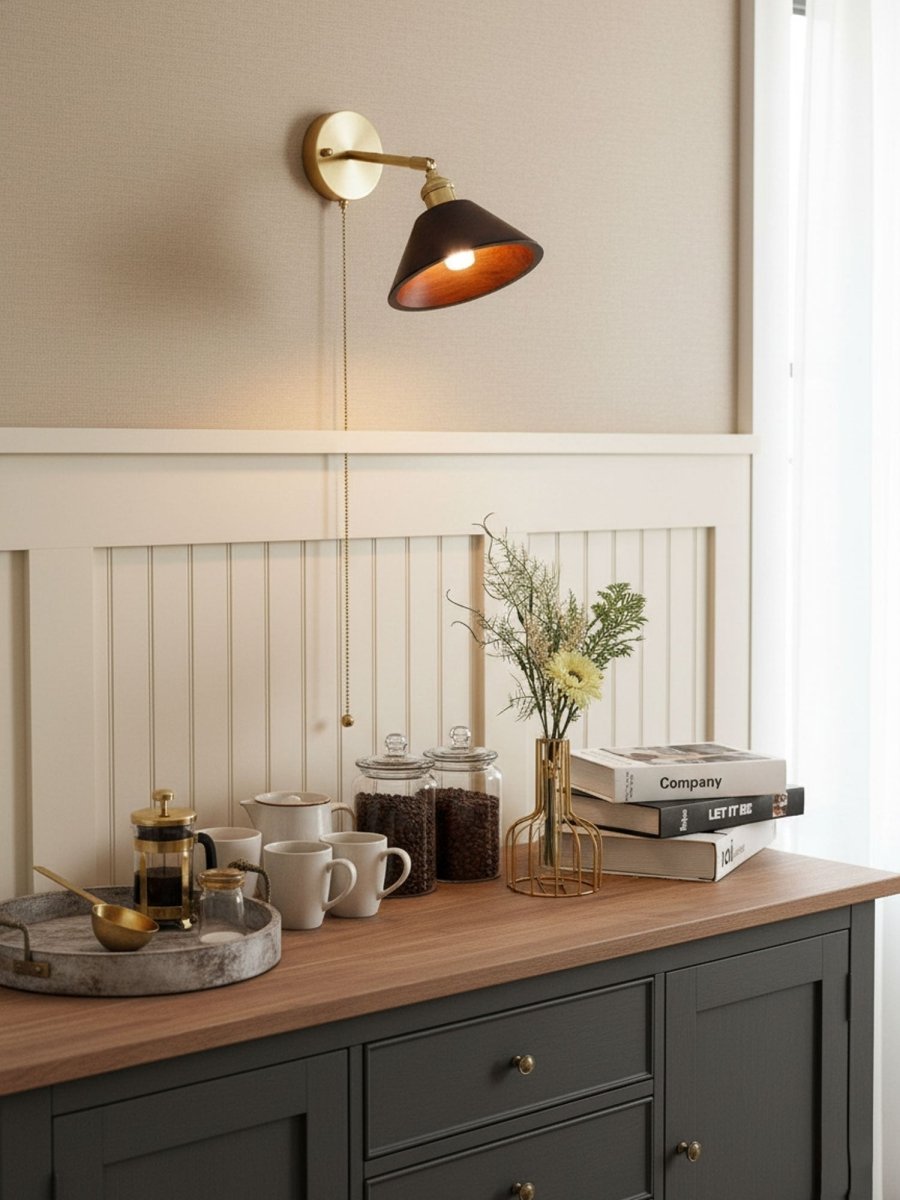 1-Light Brass Wall Sconce — Wooden Dome Shade