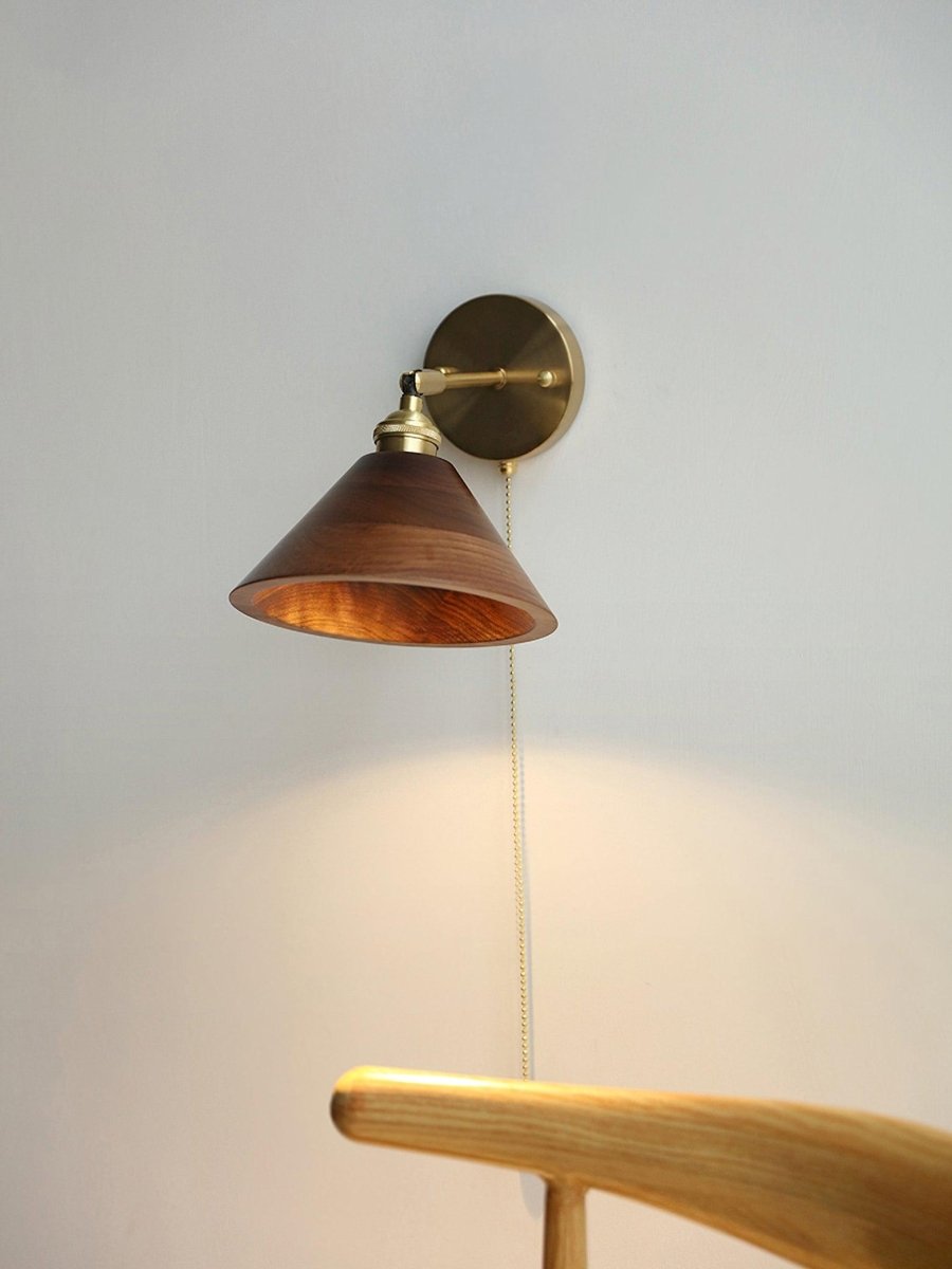 1-Light Brass Wall Sconce — Wooden Dome Shade