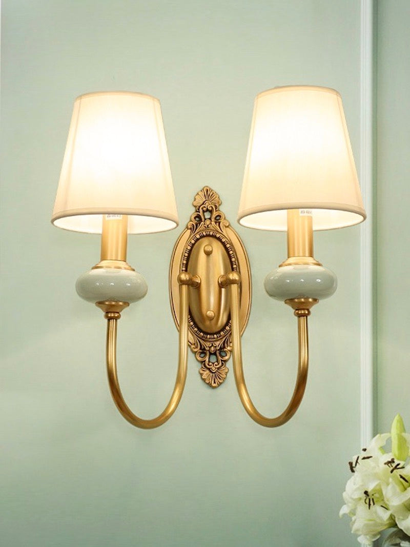 Keramische wandlamp met stoffen kap, 1 of 2 E27-lampen