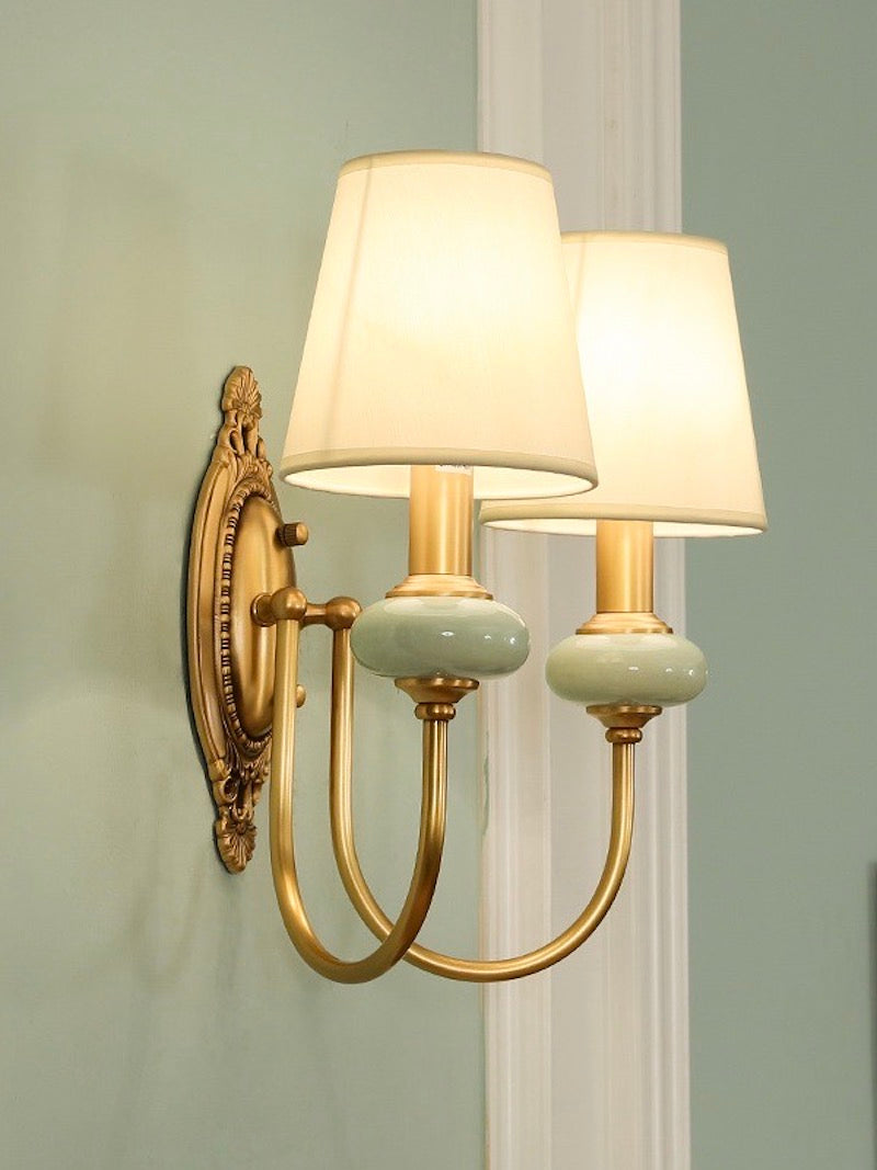 Keramische wandlamp met stoffen kap, 1 of 2 E27-lampen
