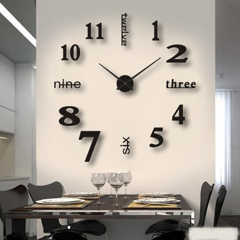 3D XXL-väggklocka — stor, svart, tyst, minimalistisk design