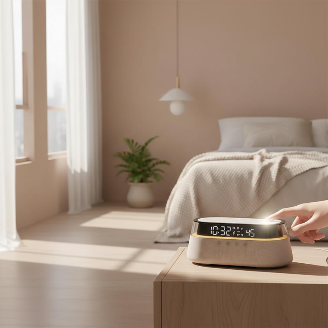 Altavoz Bluetooth compacto con despertador — base de carga inalámbrica de 15W, iluminación ambiental
