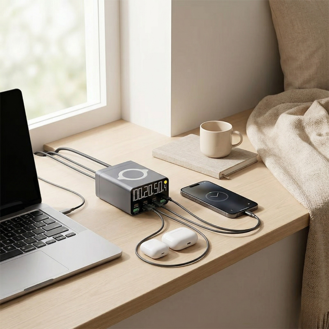 Estación de carga USB de ocho puertos — Salida rápida PD y QC3.0, superficie inalámbrica integrada