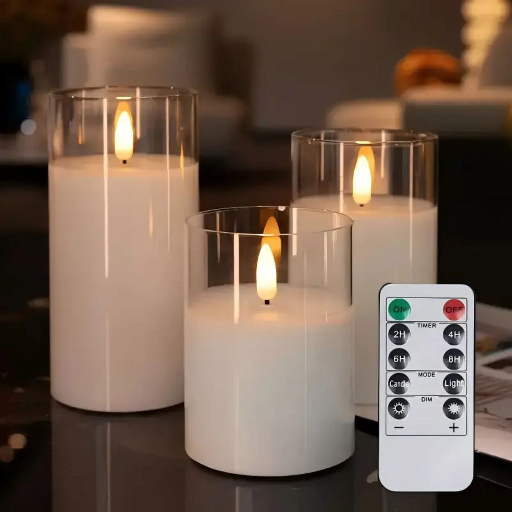 LED-ljusset, svart glas — fjärrkontroll, timer, realistisk låga