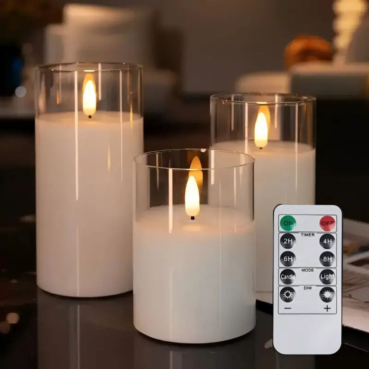 LED-ljusset, svart glas — fjärrkontroll, timer, realistisk låga