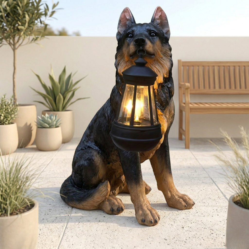 Decorazione da giardino a forma di cucciolo giocoso alimentata a energia solare — design con luce notturna