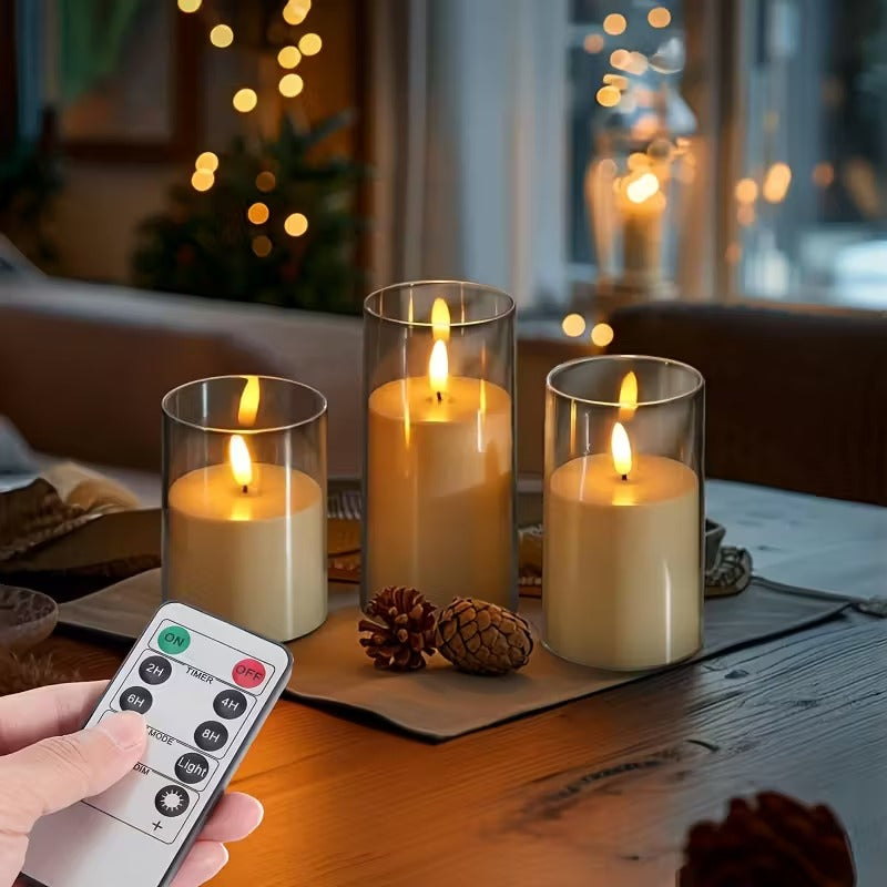 LED-ljusset, svart glas — fjärrkontroll, timer, realistisk låga
