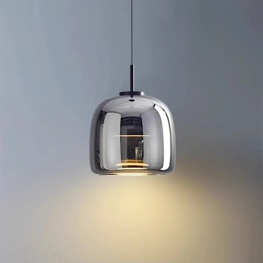 Lampă suspendată LED nordică — sticlă suflată, cognac sau gri fumuriu