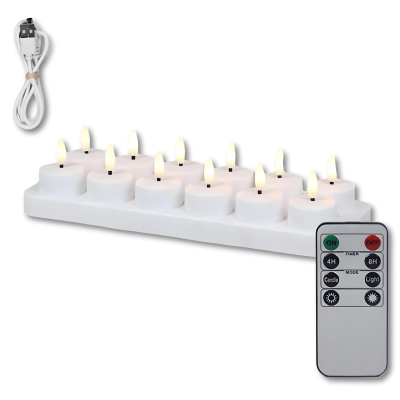Uppladdningsbara LED-ljus med fladdrande sken — fjärrkontroll och timer