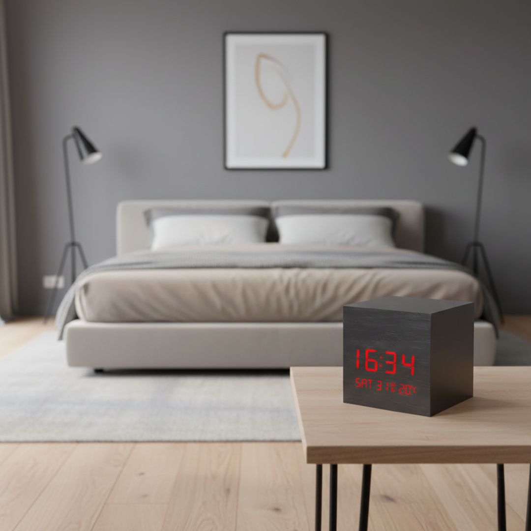 Reloj despertador LED cúbico - pantalla digital compacta, temporizador de mesita de noche