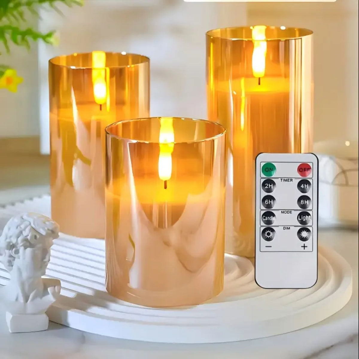 LED-ljusset, svart glas — fjärrkontroll, timer, realistisk låga