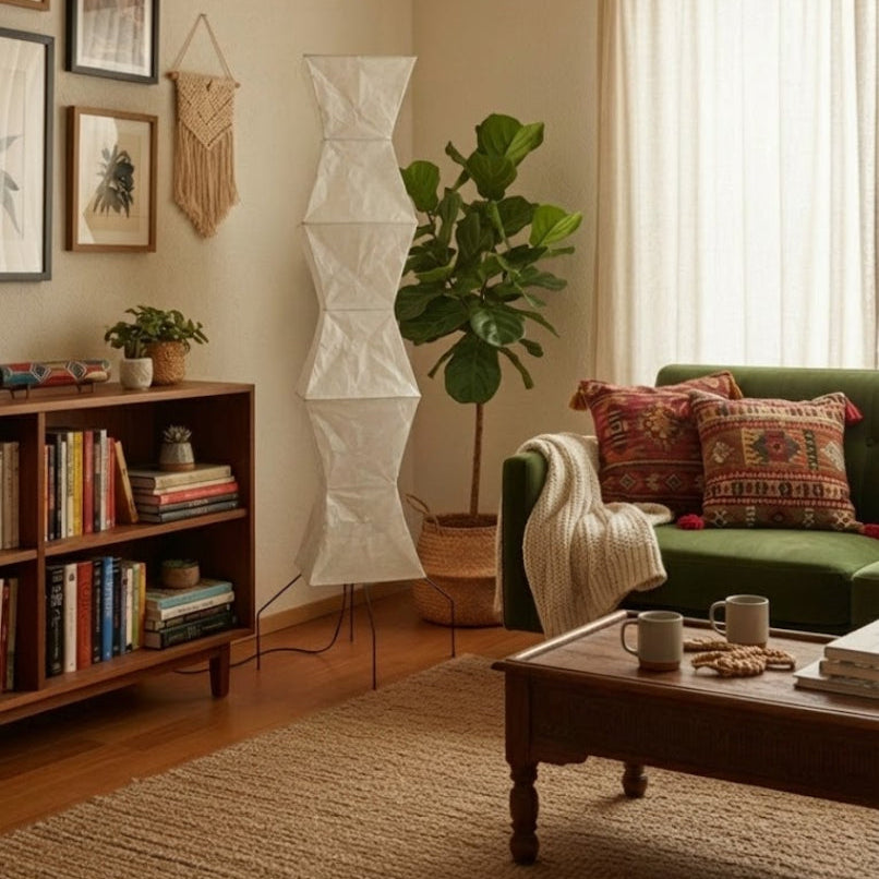 Sculptural Vertical Floor Lamp — Layered Rice Paper Shade