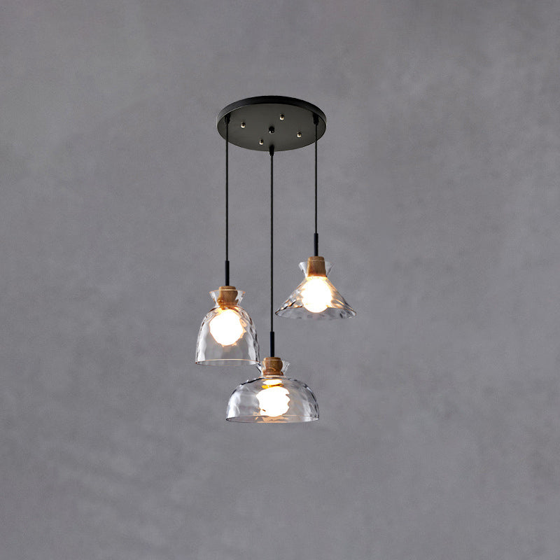 E26-Pendelleuchte – Transparenter Glasschirm mit Holz, Retro