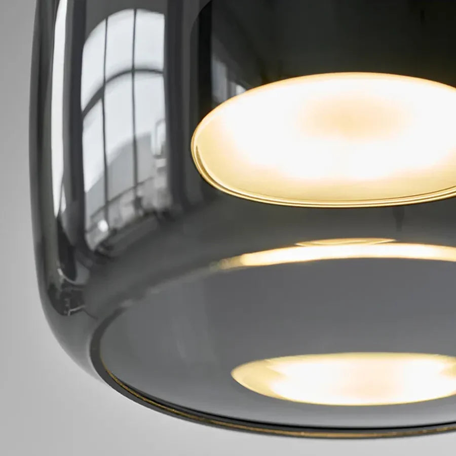 Lampă suspendată LED nordică — sticlă suflată, cognac sau gri fumuriu
