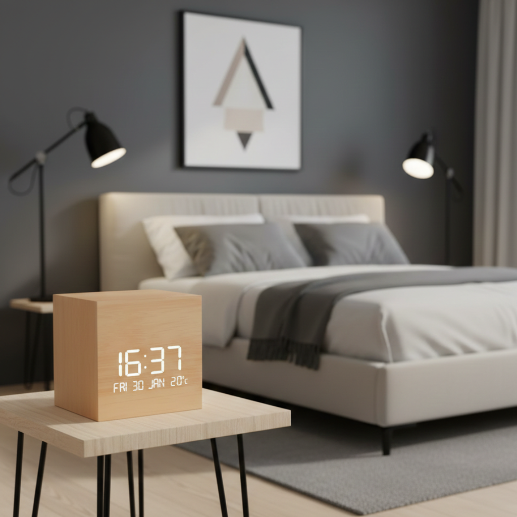 Reloj despertador LED cúbico - pantalla digital compacta, temporizador de mesita de noche
