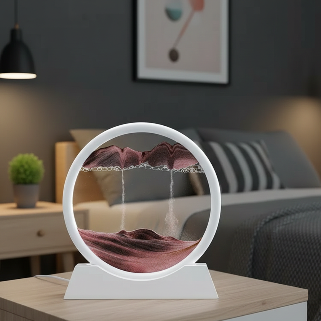 Okrągła szklana ramka z poruszającą się sztuką piaskową 3D — dryfujący podwodny krajobraz z piasku
