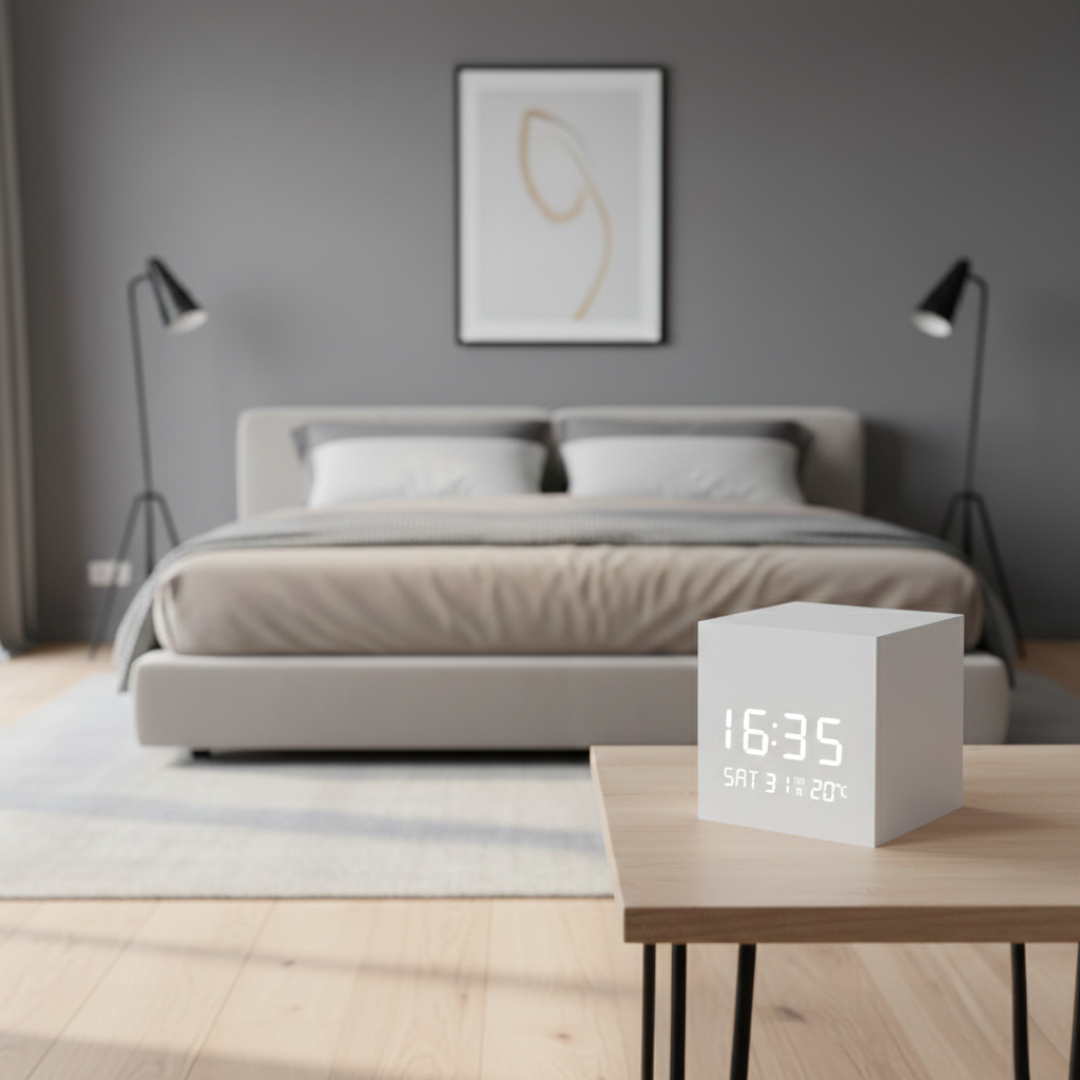 Reloj despertador LED cúbico - pantalla digital compacta, temporizador de mesita de noche