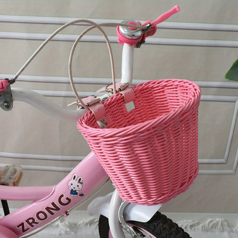 Rosa Fahrradkorb aus Kunststoff mit geflochtenem Lenkergriff für Kinder