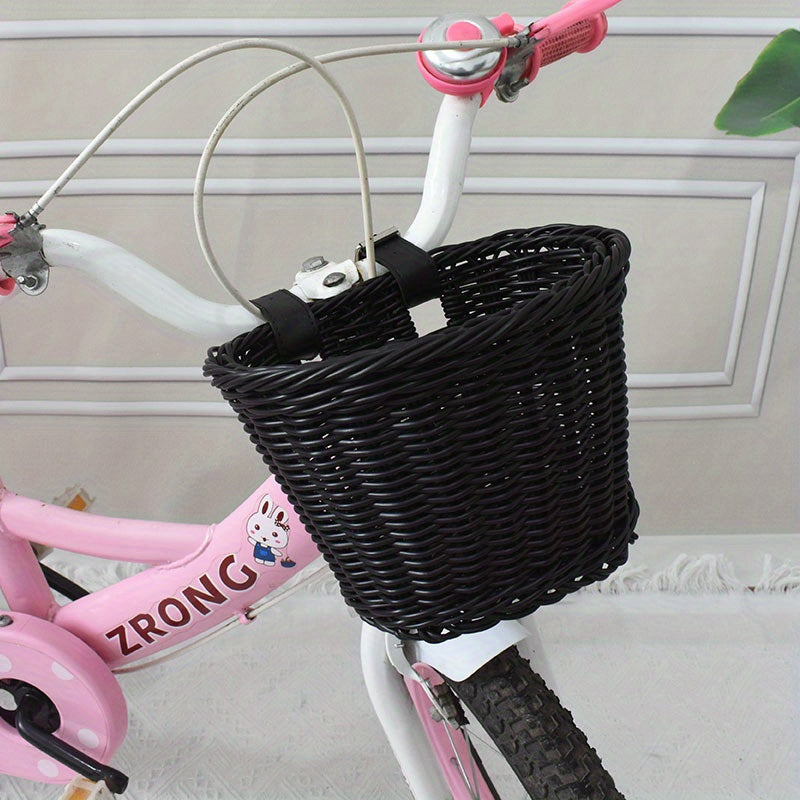 Rosa Fahrradkorb aus Kunststoff mit geflochtenem Lenkergriff für Kinder
