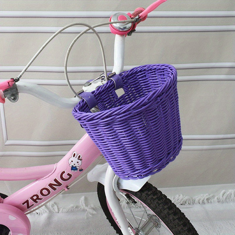 Rosa Fahrradkorb aus Kunststoff mit geflochtenem Lenkergriff für Kinder