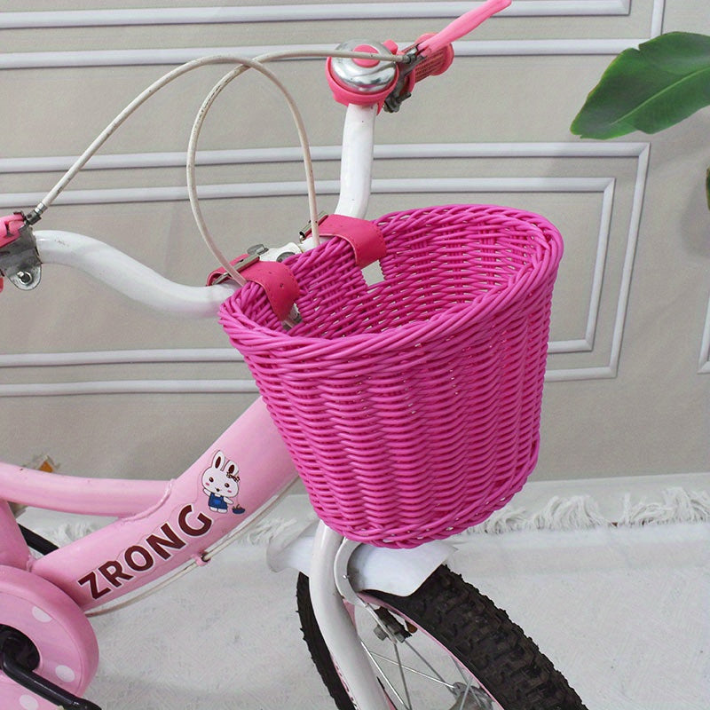 Rosa Fahrradkorb aus Kunststoff mit geflochtenem Lenkergriff für Kinder