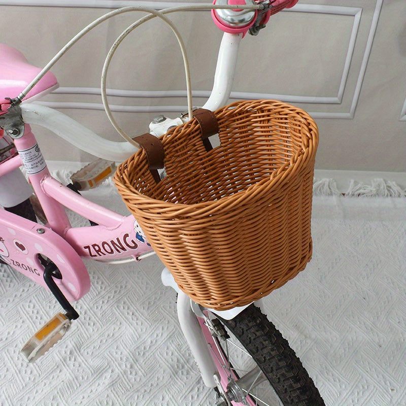 Rosa Fahrradkorb aus Kunststoff mit geflochtenem Lenkergriff für Kinder