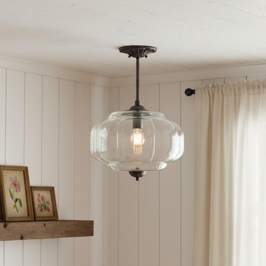 Antique Brass Ceiling Lamp – Green Glass Pumpkin Pendant