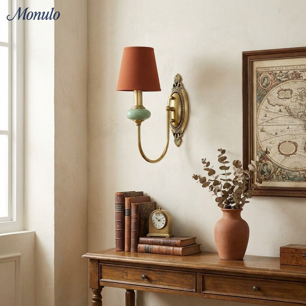 Keramische wandlamp met stoffen kap, 1 of 2 E27-lampen