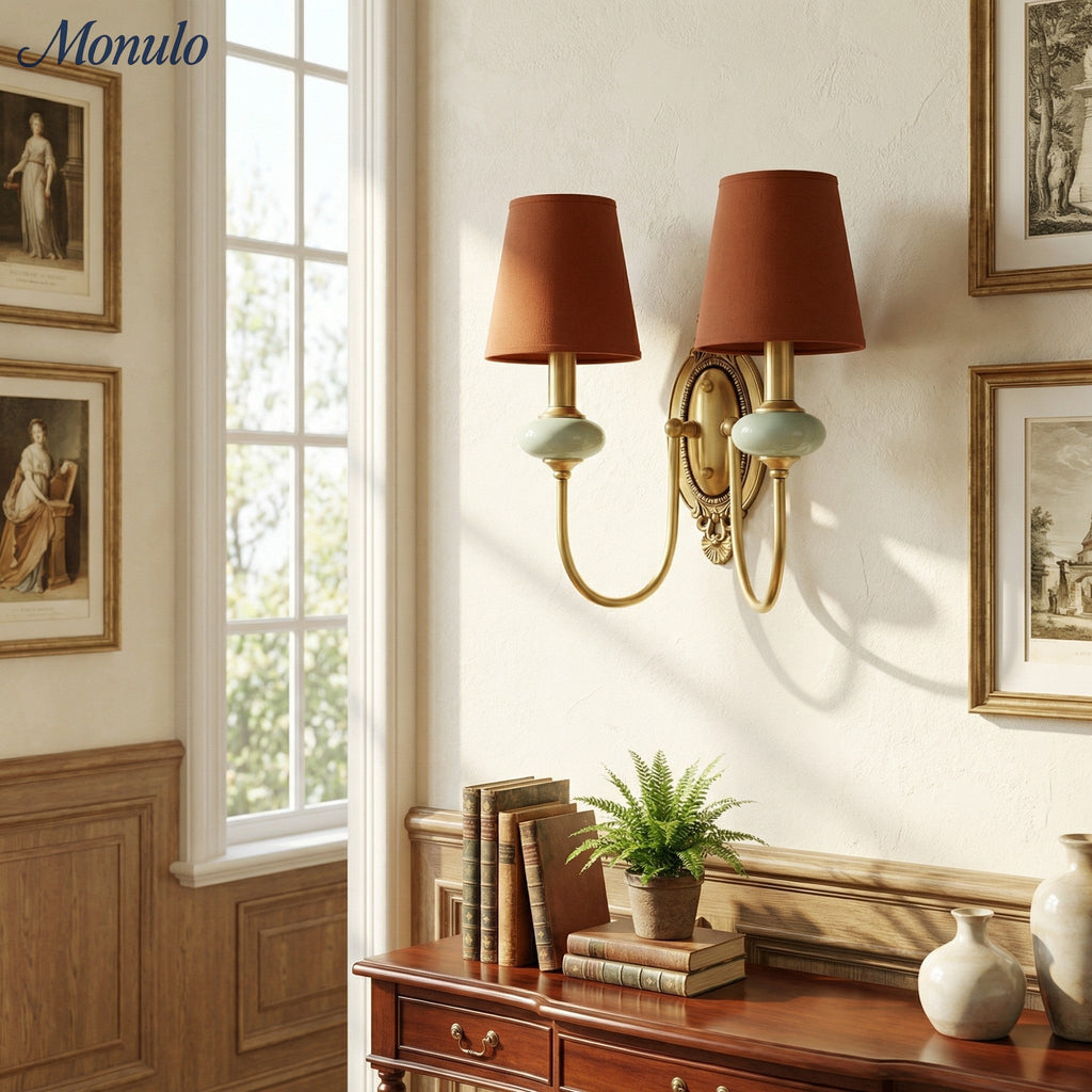 Keramische wandlamp met stoffen kap, 1 of 2 E27-lampen