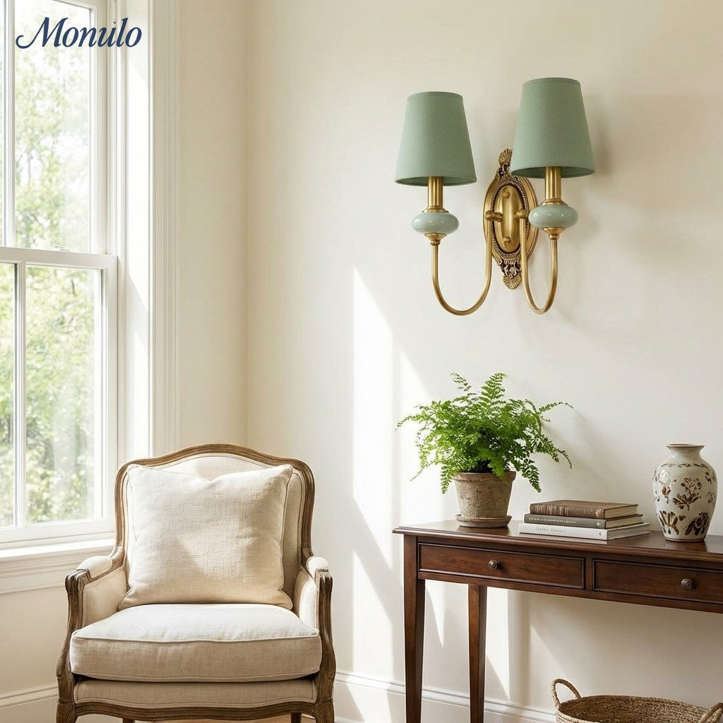 Keramische wandlamp met stoffen kap, 1 of 2 E27-lampen
