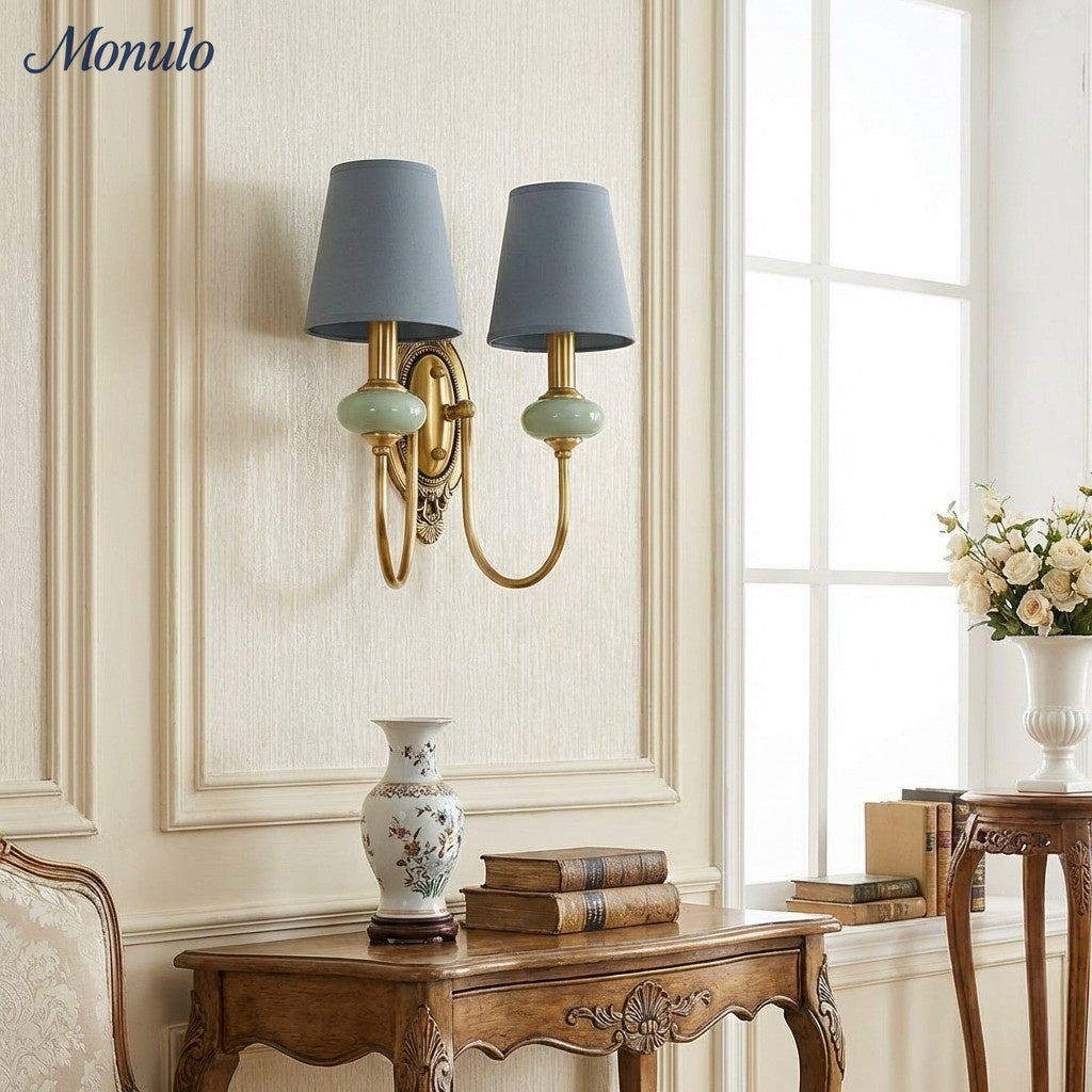 Keramische wandlamp met stoffen kap, 1 of 2 E27-lampen