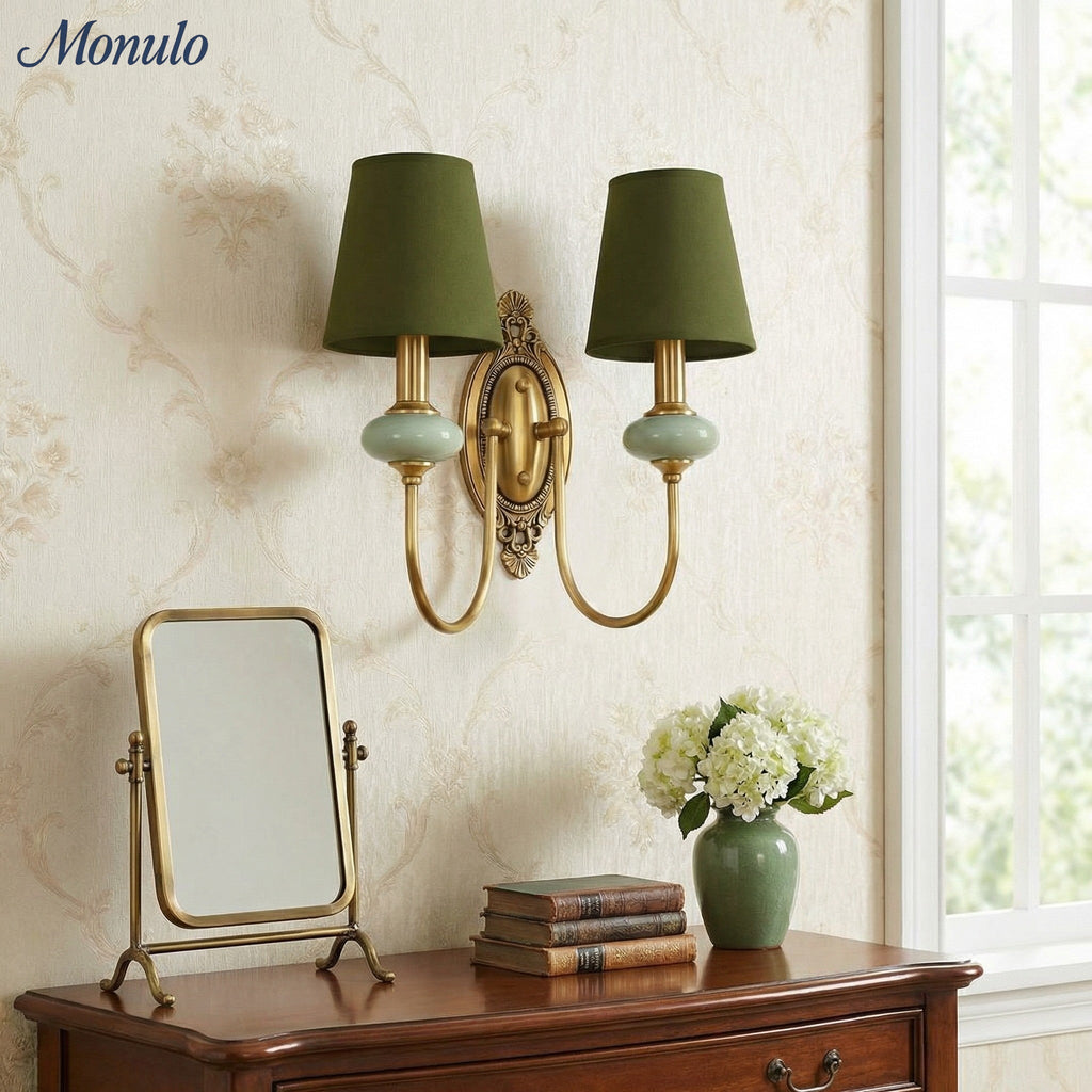 Keramische wandlamp met stoffen kap, 1 of 2 E27-lampen