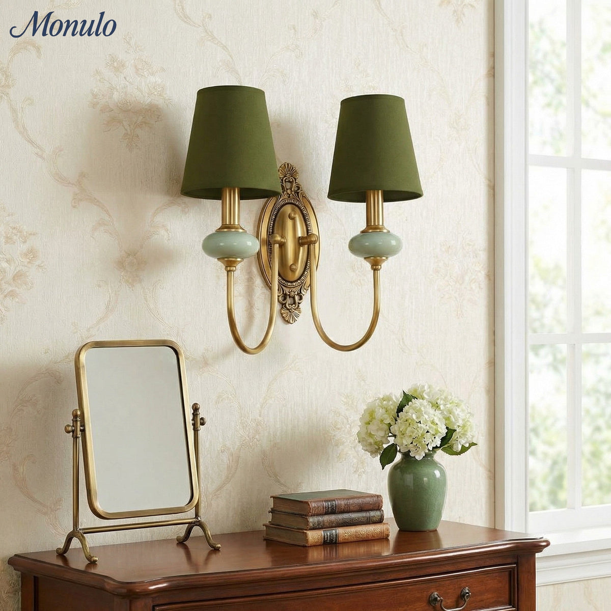 Keramische wandlamp met stoffen kap, 1 of 2 E27-lampen