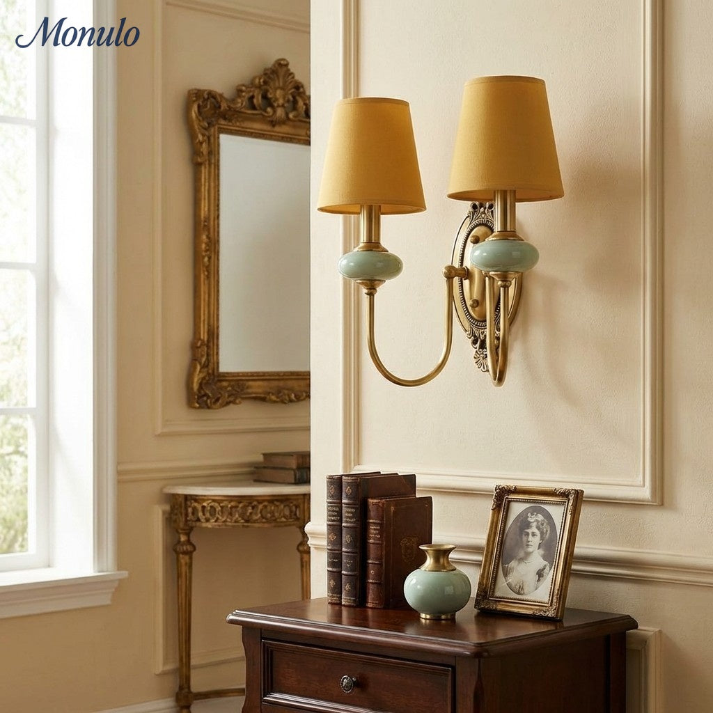 Keramische wandlamp met stoffen kap, 1 of 2 E27-lampen