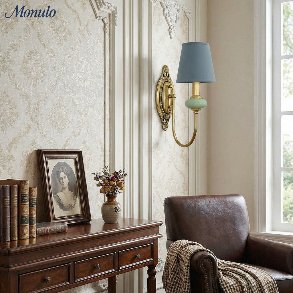 Keramische wandlamp met stoffen kap, 1 of 2 E27-lampen